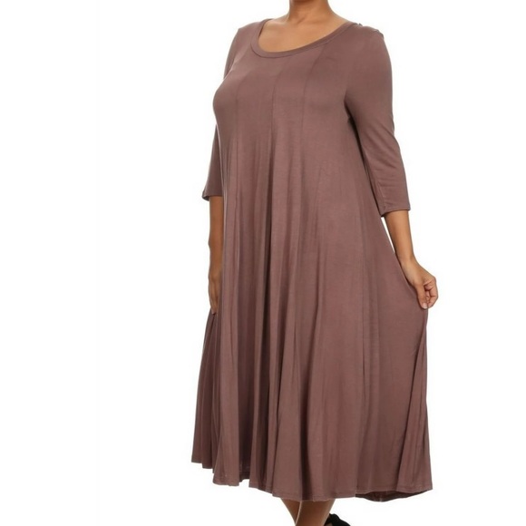 MOA Collection Plus Size 3/4 Sleeves A-Line Swing Trapeze Midi Dress Taupe Mocha - Picture 4 of 13